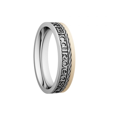 14k White/Yellow Gold Ladies Narrow Oxidized "Gra, Dilseacht, Cairdeas" Dual Celtic Designs Wedding Ring 5.2mm