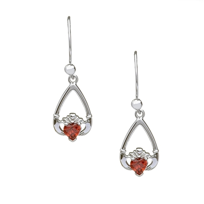 10k White Gold January Garnet Birthstone Claddagh Earrings