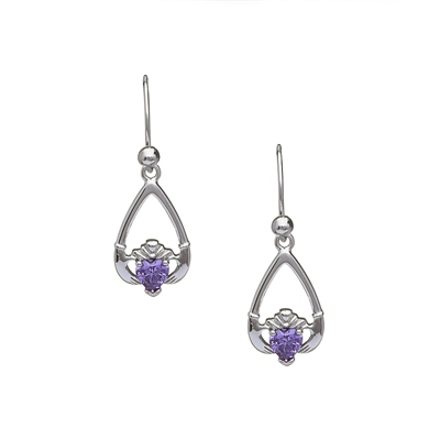 10k White Gold February Amethyst Birthstone Claddagh Earrings