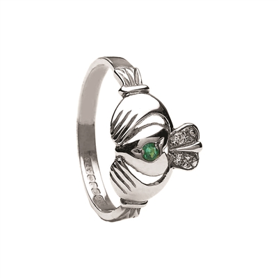 14k White Gold Emerald & Diamond Claddagh Ring 13.4mm