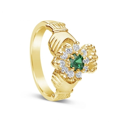 14k Yellow Gold Diamond & Agate Claddagh Ring 12.2mm