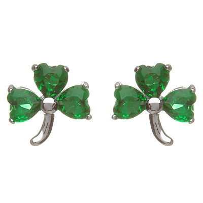 Sterling Silver Green CZ's Shamrock Stud Celtic Earrings