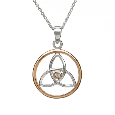 Sterling Silver Trinity Knot CZ Celtic Pendant With Rose Gold Plated Accents