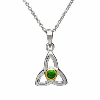 Sterling Silver Trinity Knot Green CZ Celtic Pendant With Gold Plated Accents