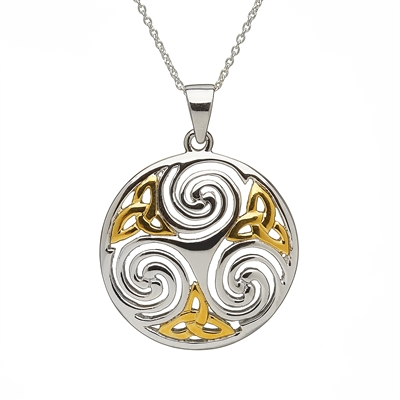 Sterling Silver Spirals Trinity Knot Celtic Pendant With Gold Plated Accents