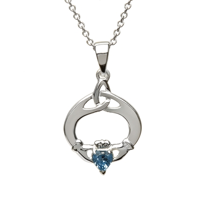 Sterling Silver December Blue Topaz Claddagh Birthstone Pendant