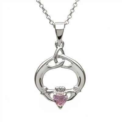 Sterling Silver October Tourmaline Claddagh Birthstone Pendant