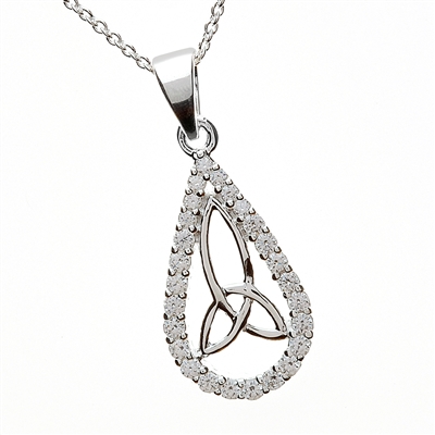 Sterling Silver CZ Trinity Knot Teardrop Shaped Celtic Pendant