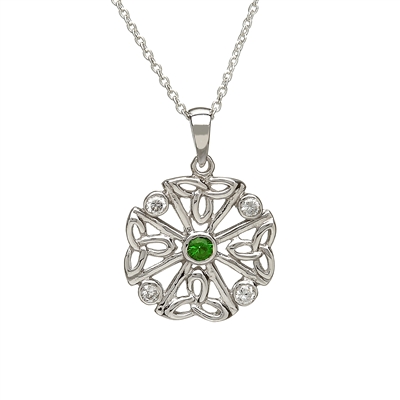 Sterling Silver Trinity Knots Green & White CZ Celtic Pendant