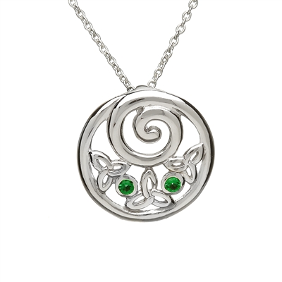 Sterling Silver Trinity Knots Green CZ Round Celtic Pendant