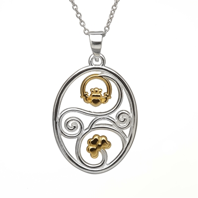 Sterling Silver Claddagh Shamrock Celtic Pendant