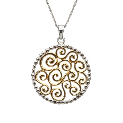 Sterling Silver Round Sprials Celtic Pendant With Gold Plated Accents