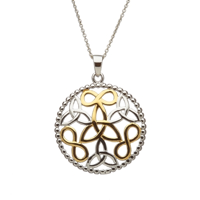 Sterling Silver Round Trinity Knots Celtic Pendant With Gold Plated Accents