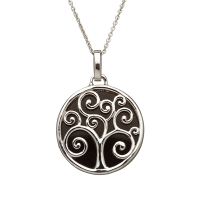 Sterling Silver Tree Celtic Pendant With Black Onxy Accents