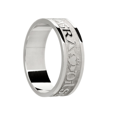 14k White Gold "Gra, Dilseacht, Cairdeas" (Love, Loyality, Friendship) Men's Celtic Wedding Ring 7.2mm