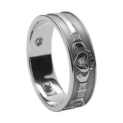 10k White Gold & Diamond Men's Claddagh Wedding Ring 7.2mm