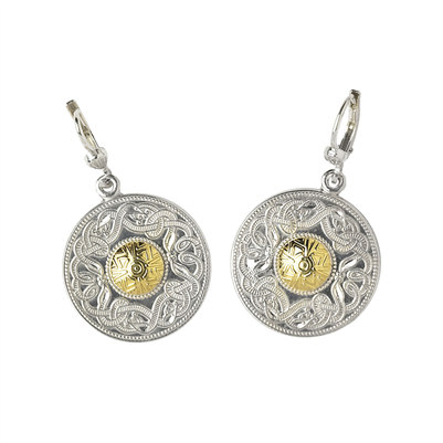 Sterling Silver With 18k Yellow Gold Bead Large Warrior Shield Celtic Earrings