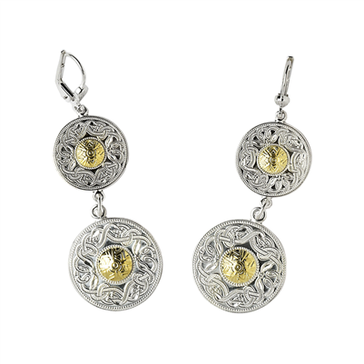 Sterling Silver With 18k Yellow Gold Double Warrior Shield Celtic Earrings