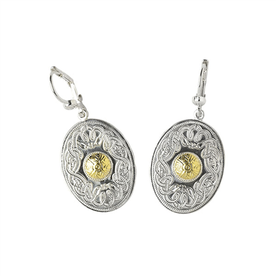 Sterling Silver With 18k Yellow Gold Bead Oval Warrior Shield Celtic Earrings