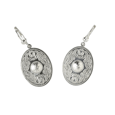 14k White Gold Oval Warrior Shield Celtic Earrings