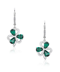 Silver Shamrock Drop Earrings Green & White Stone