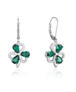 Silver Shamrock Drop Earrings Green & White Stone - Image 3