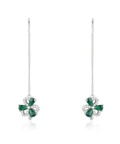 Silver Shamrock Pull Through Earrings Green & White Stone