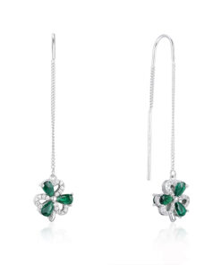 Silver Shamrock Pull Through Earrings Green & White Stone - Image 3