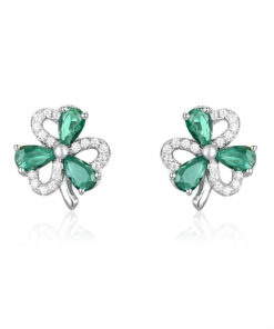 Silver Shamrock Stud Earrings Green & White Stone