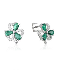 Silver Shamrock Stud Earrings Green & White Stone - Image 3