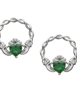 Silver Claddagh Earrings with Green Stone Set Stud Fittings