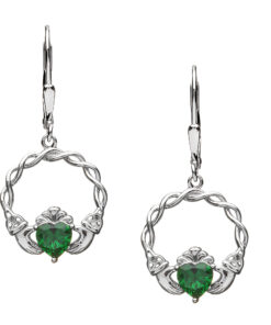 Silver Claddagh Earrings with Green Stone Set Drop Fittings