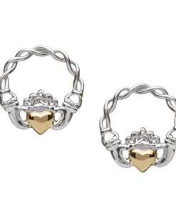 Silver Claddagh Stud Earrings with 10K Gold Solid Heart