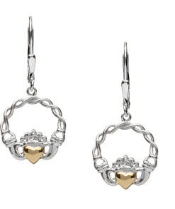 Silver Claddagh Drop Earrings with 10K Gold Solid Heart