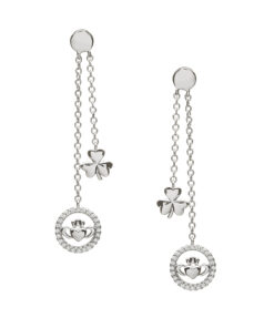Silver Shamrock & Claddagh Earrings with Stones Chain