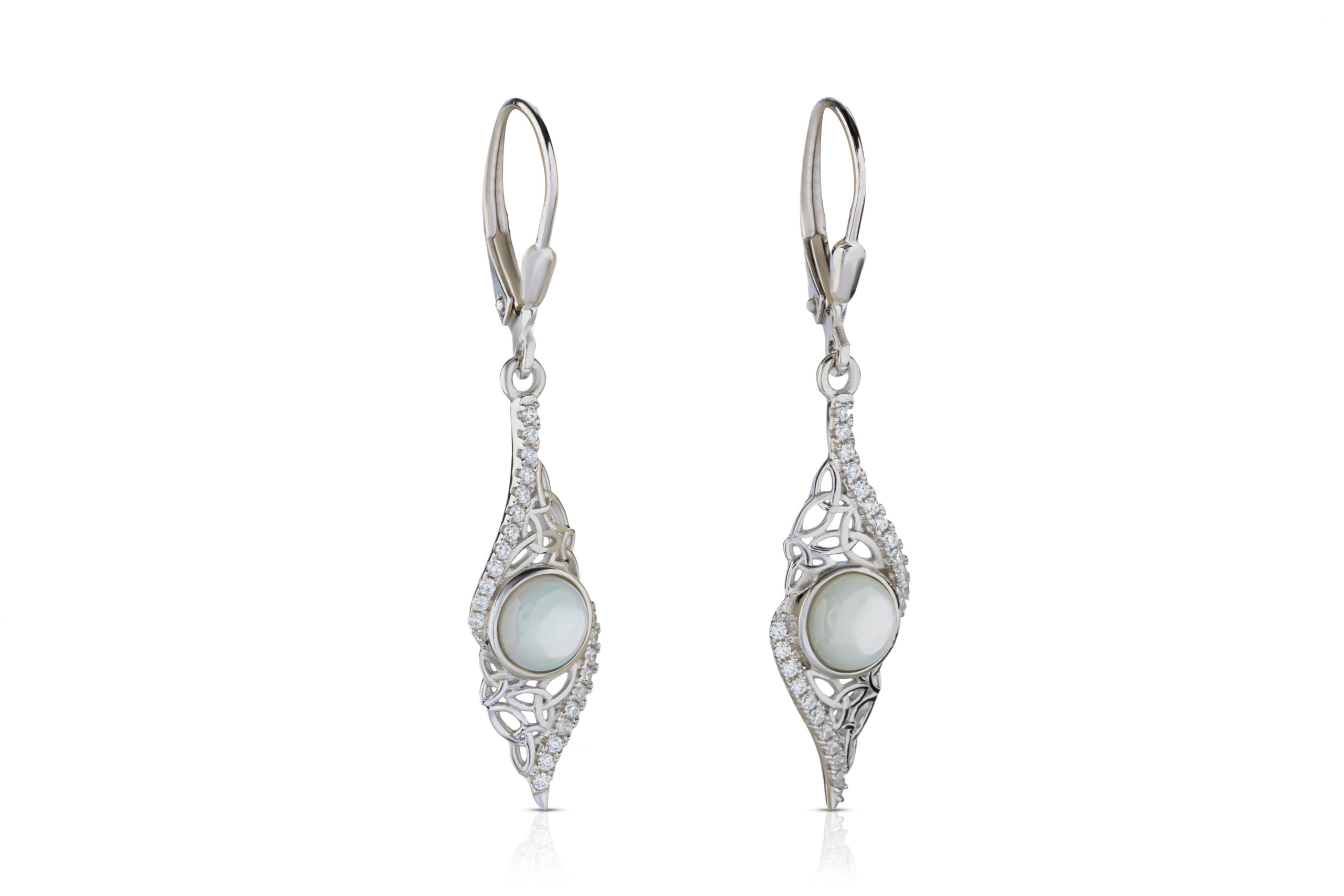 Silver Arian Drop Earrings Twisted Trinity with White Pearl Chain