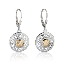 Silver Double Disc Solstice Drop Earrings Celtic Knot with 18K Bead Chain