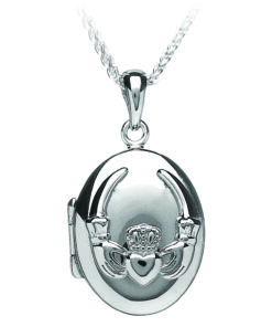 Silver Oval Embossed Claddagh Locket Pendant Chain