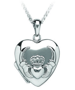 Silver Heart Shaped Embossed Claddagh Locket Pendant Chain