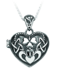 Oxidised Silver Heart Shamrock Claddagh Locket Pendant Chain