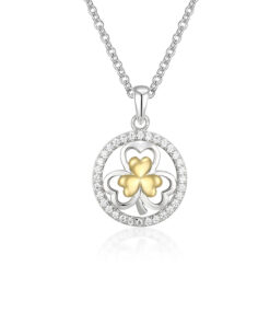 Two Tone Shamrock Pendant Silver with Green Stone Chain