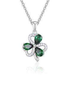 Silver Shamrock Pendant Green & White Stone Chain