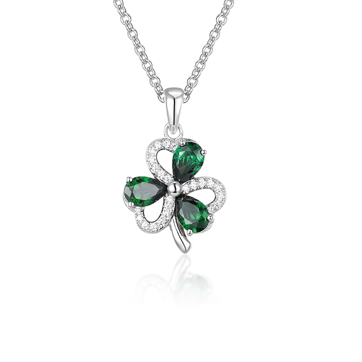 Silver Shamrock Pendant Green & White Stone Chain