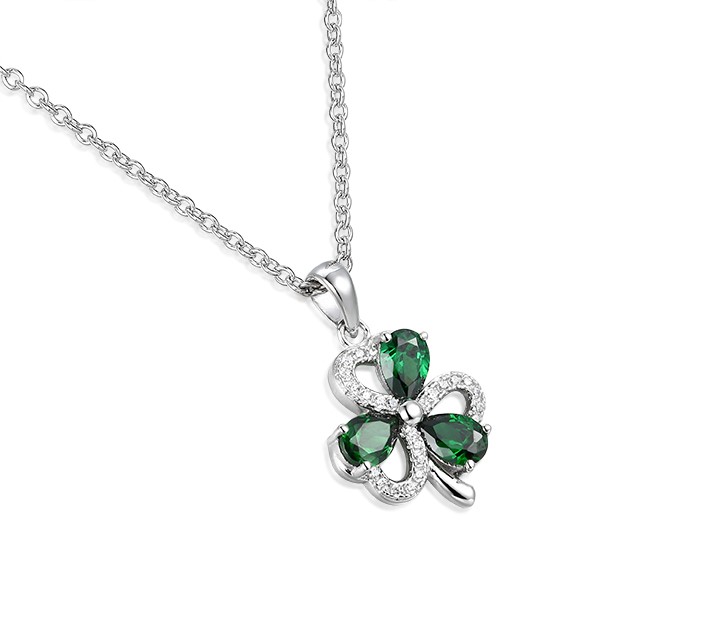 Silver Shamrock Pendant Green & White Stone Chain - Image 2
