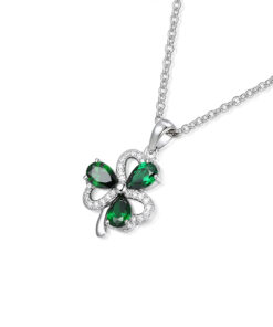 Silver Shamrock Pendant Green & White Stone Chain - Image 3