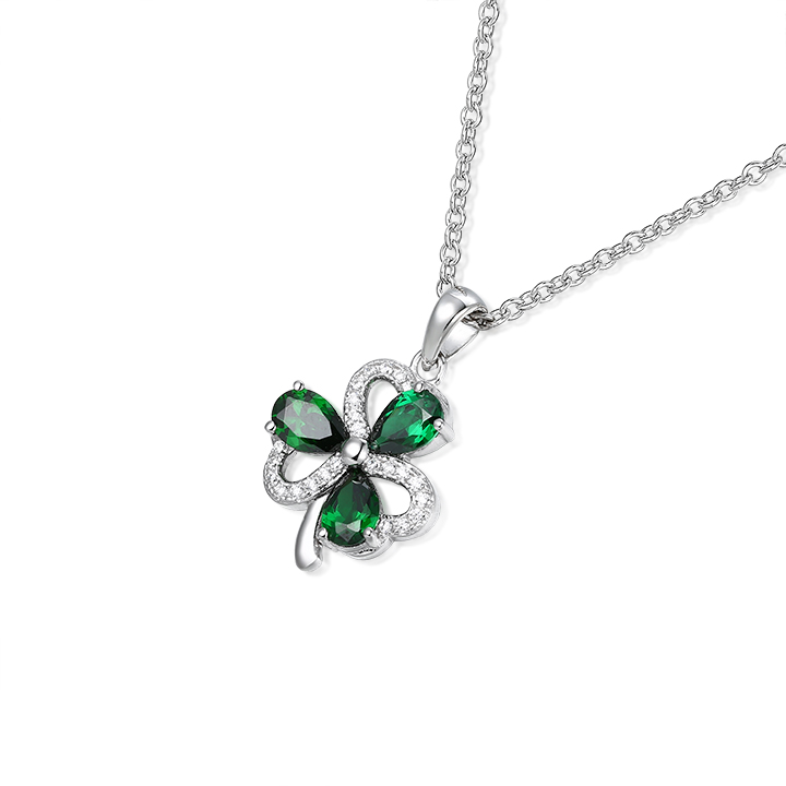 Silver Shamrock Pendant Green & White Stone Chain - Image 3