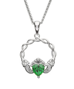Silver Claddagh Pendant with Green Stone Set Chain