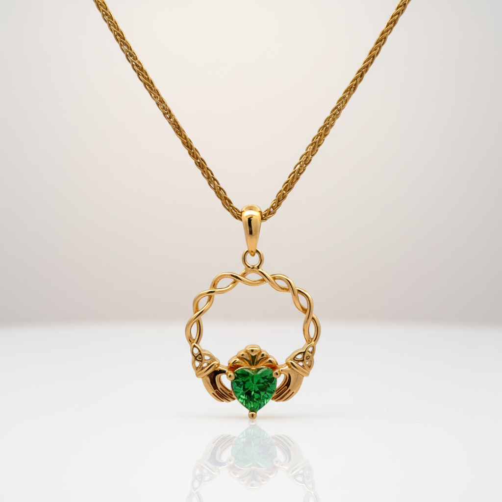 14K Gold Vermeil Green CZ Claddagh Pendant Chain - Image 3