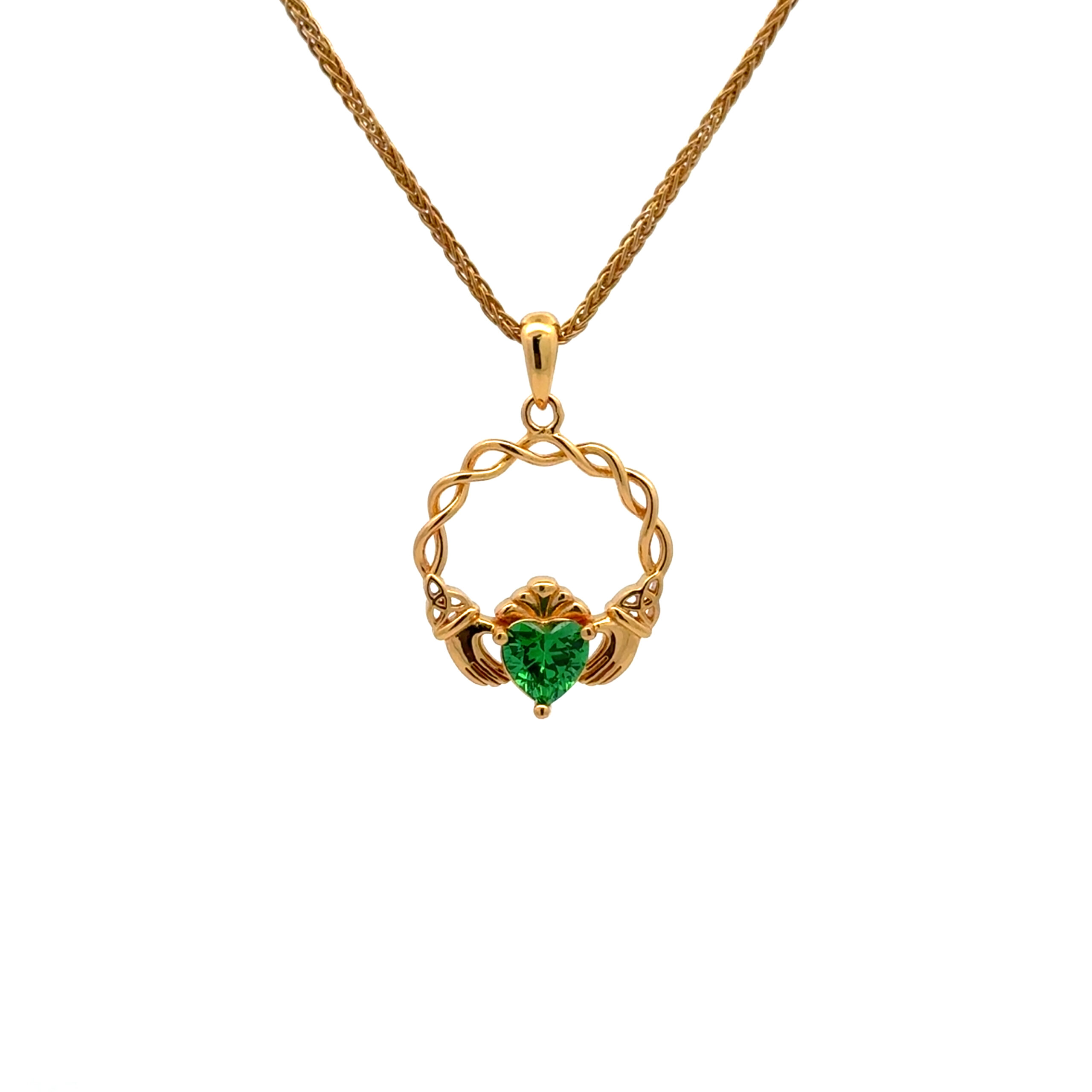 14K Gold Vermeil Green CZ Claddagh Pendant Chain
