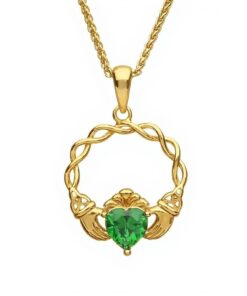 14K Gold Vermeil Green CZ Claddagh Pendant Chain - Image 4